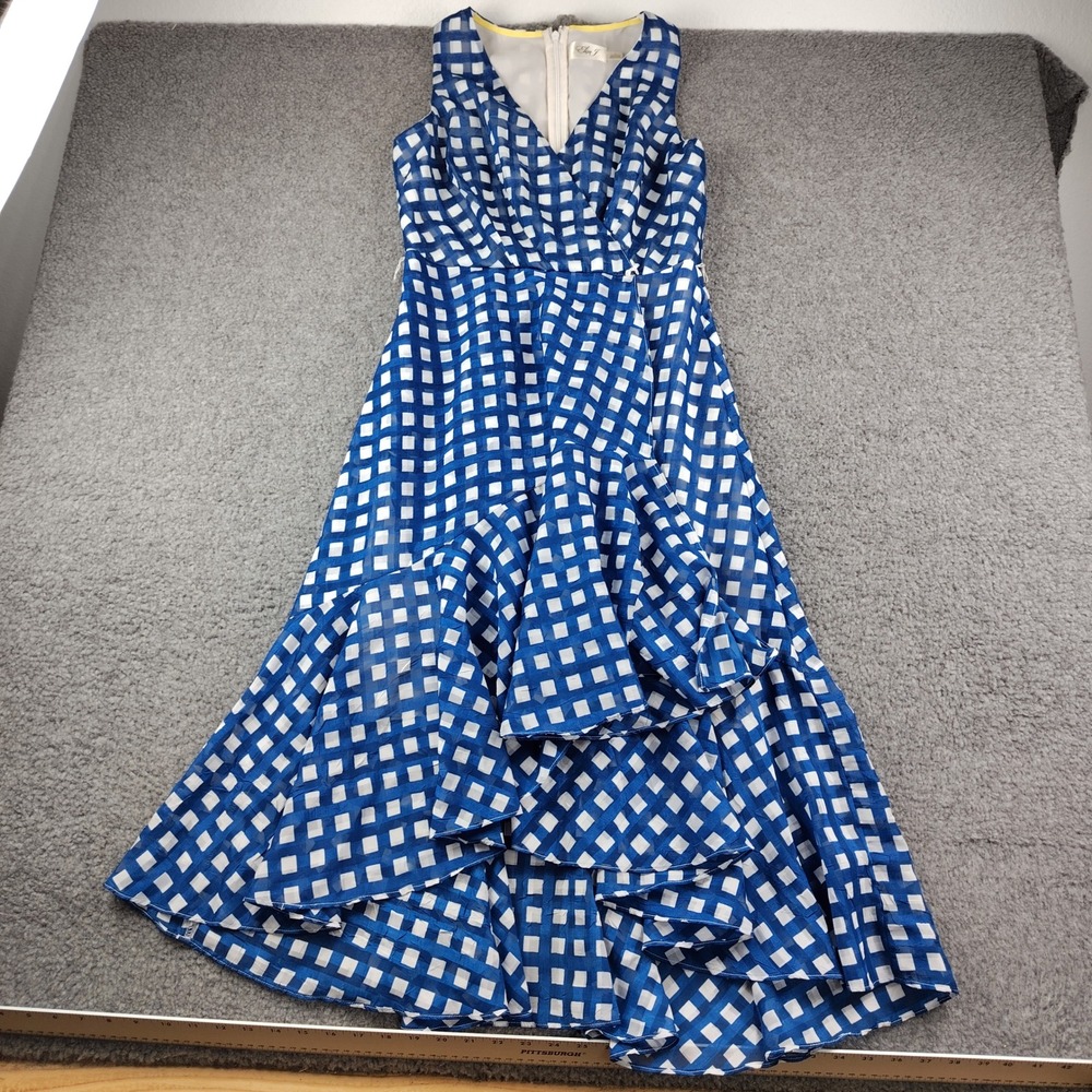 Eliza J Dress Womens Sz 6 Maxi Gingham Blue White Ruffle High Low Midi EUC